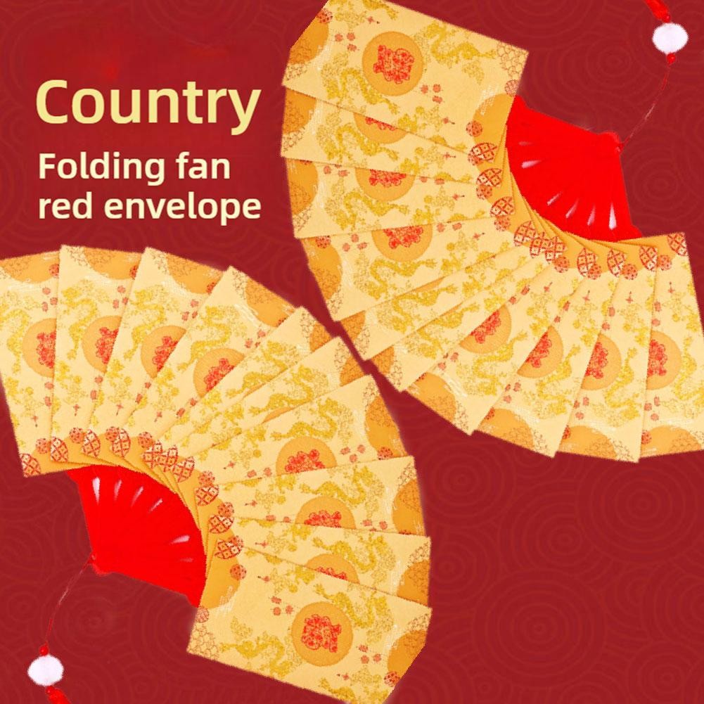 [6 / 10 CÁI] Phong bì màu đỏ hình quạt năm mới Phong bì màu đỏ gấp phong bì màu đỏ màu vàng Angpao Z4K8