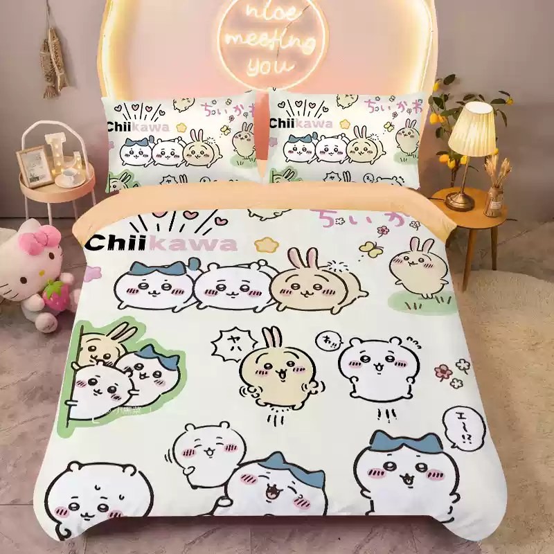 ST2 Chiikawa Usagi 3IN1 Ga trải giường Vỏ chăn gối Bộ chăn ga gối Phòng ngủ gia đình Bộ đồ hoạt hình có thể giặt được TS2