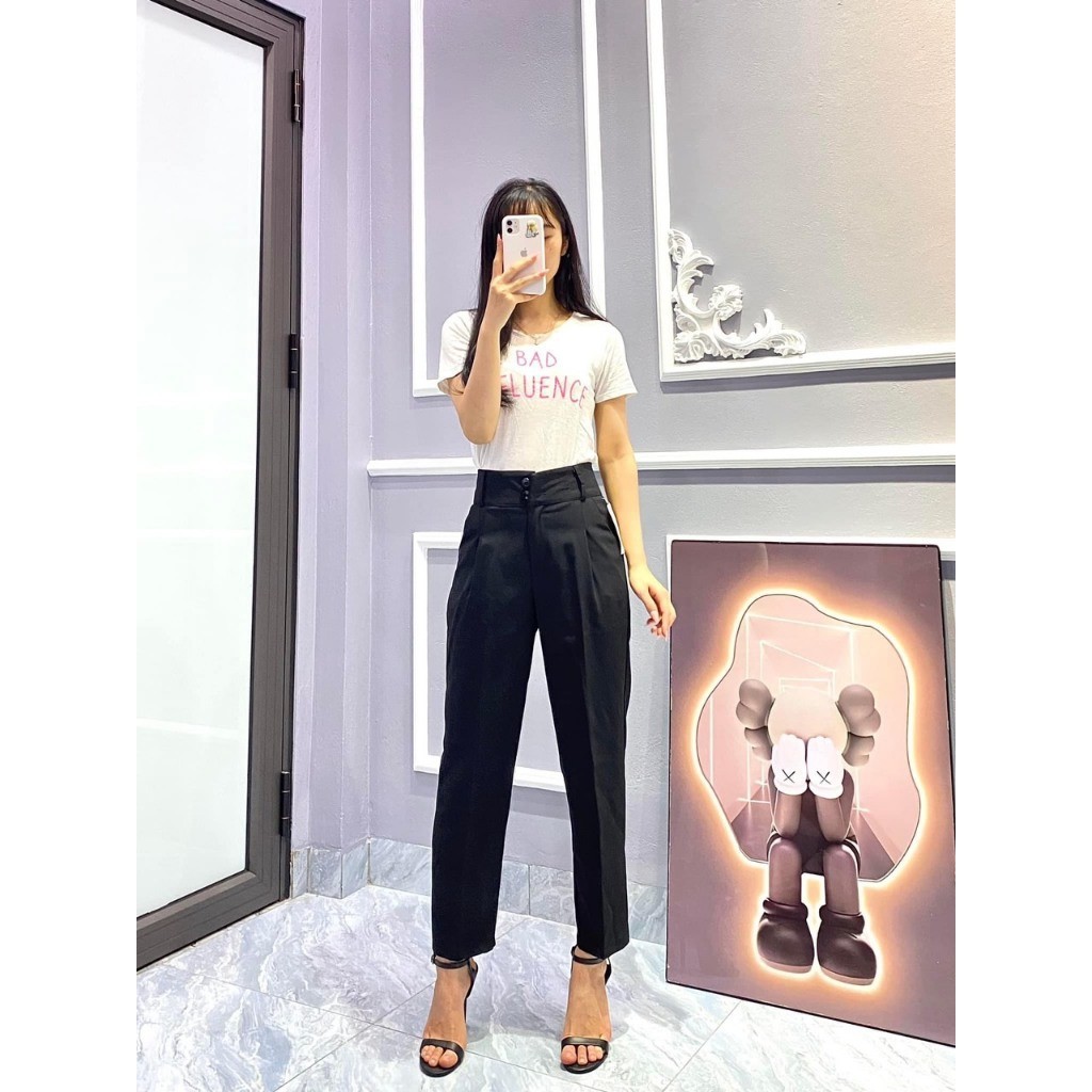 Quần baggy vải nữ 2 khuy dọc, dày co giãn nhẹ đi học làm công sở