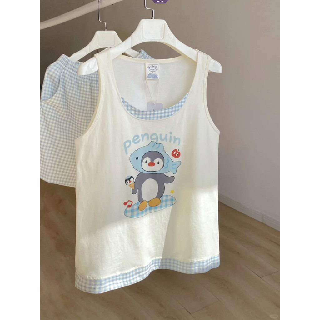 Bộ Đồ Ngủ Mùa Hè Nữ 2025 Mới Vest Quần Short Phù Hợp Với Hoạt Hình Dễ Thương Chim Cánh Cụt Giải Trí Mặc Ở Nhà [BL]