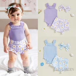 / / -Bộ đồ liền thân không tay có gân chắc chắn Kẻ sọc Daisy Ruffle Quần short Headband 3 mảnh trang phục