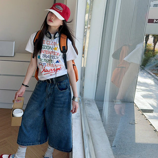 Áo thun ngắn tay in chữ đầy màu sắc mùa hè cho bé gái + Quần ống rộng cắt Denim Bộ đồ 2025 Bộ đồ hai mảnh thời trang trẻ em phong cách mới