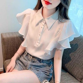 ✨2617 Khen ngợi Xù Bay Tay Áo Sơ Mi Ve Áo Mùa Hè 2024 Thiết Kế Niche Độc Đáo Tay Ngắn Top 25.5.9
