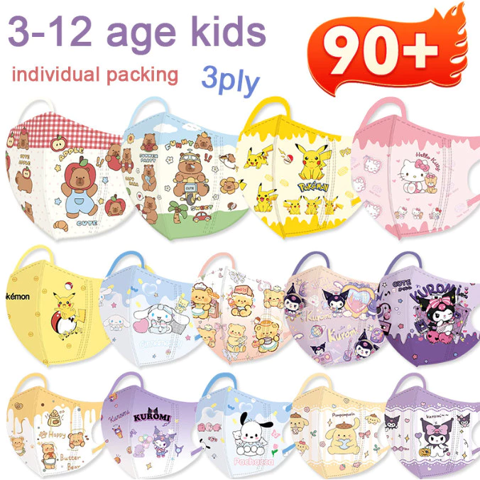 90 + + Tùy chọn màu sắc có sẵn!! Mặt nạ trẻ em 3D Capibala Pikachu Pok é Mon Sanrio Melody Cinnamoroll Mặt nạ trẻ em (Đóng gói riêng) Mặt nạ trẻ em 3D BFE ≥ 98%