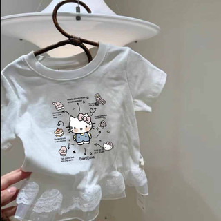 Áo thun ngắn tay cotton mới cho bé gái mùa hè, họa tiết chắp vá, viền ren, áo in hình dễ thương cho trẻ em