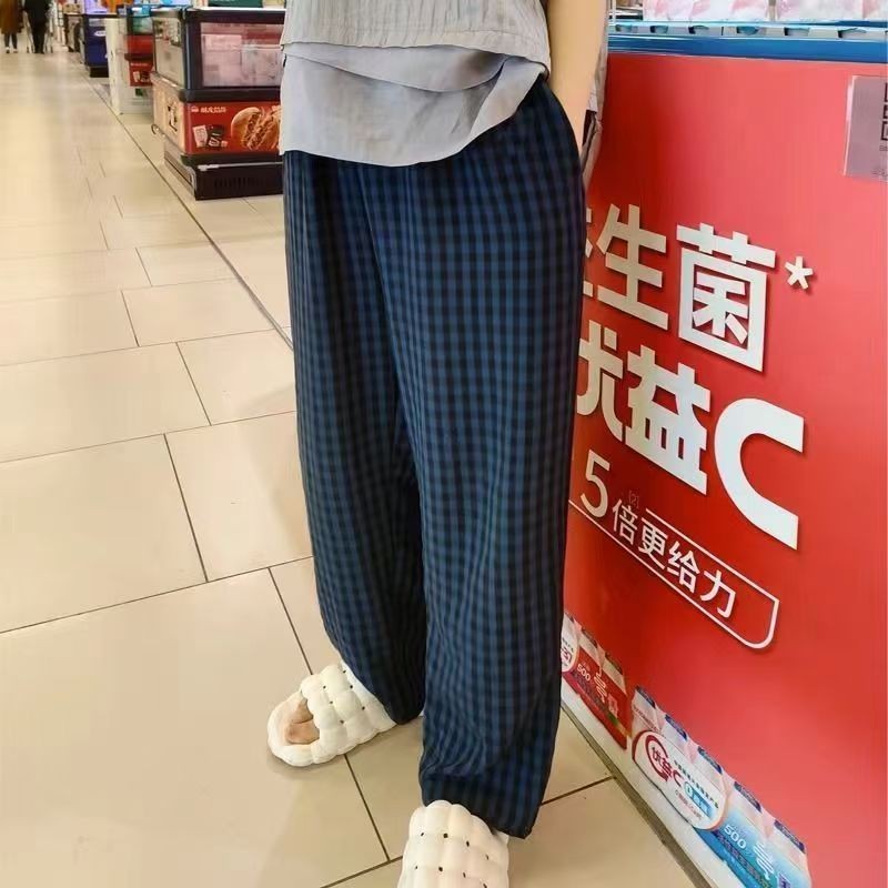 quần kẻ sọc ống rộng Quần kẻ caro xanh in hình Mickey, phong cách Hàn Quốc, quần thư giãn ở nhà
