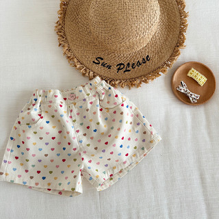 Quần short cotton mới mùa hè cho bé gái, in hình trái tim, quần trẻ em mỏng, rộng rãi, thoải mái cho trẻ sơ sinh