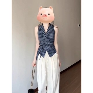 Kẻ sọc buộc dây eo hẹp Phong cách cơ bản Pháp Cổ chữ V Nơ màu xanh Phù hợp với cổ áo Tính khí Áo sơ mi hàng ngày đơn giản Áo Vest bé gái mặc ngoài mùa hè Slim