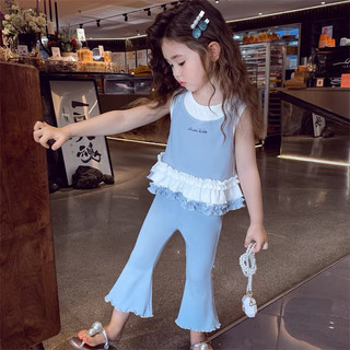 Bộ áo vest mùa hè mới cho bé gái, áo camisole ren phong cách Hàn Quốc, quần ống loe cho bé gái, bộ hai mảnh