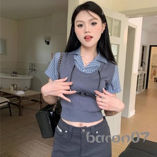 Áo thun dệt kim hai mảnh giả dành cho nữ Áo thun ngắn tay cổ sọc mỏng cho mùa hè dạo phố
