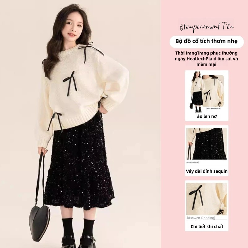 Mới Thu Đông Bộ Áo Len Bé Gái Nơ Áo Len Đính Kim Sa Lấp Lánh Đuôi Cá ...