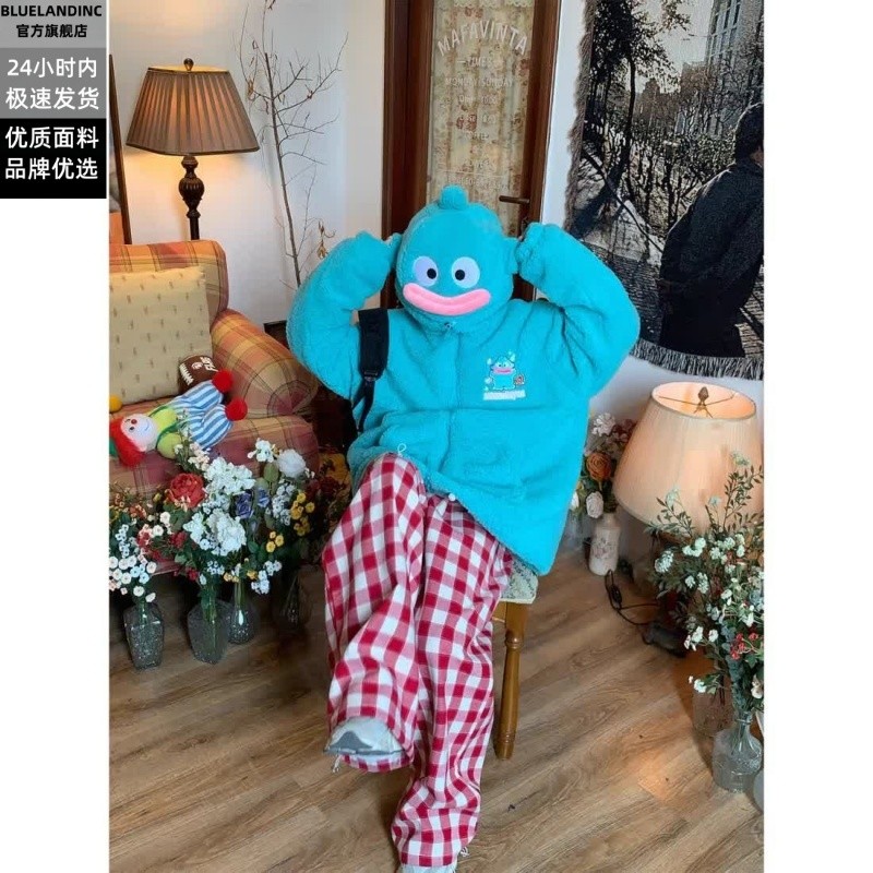 Áo len có mũ trùm đầu cá xấu xí Áo khoác lông cừu Có Mũ Phong cách học đường lót nhung dày dặn thu đông mẫu cặp đôi Cá Hề
