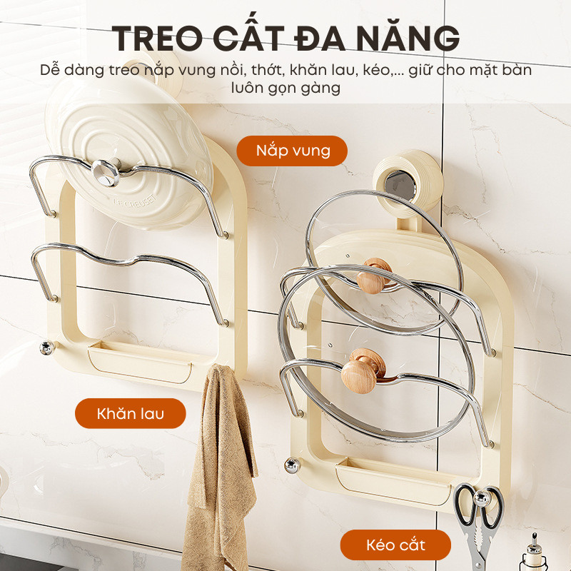 Giá cài nắp vung nồi treo tường không cần khoan đục KooBee có khay hứng thoát nước tiện lợi| 200