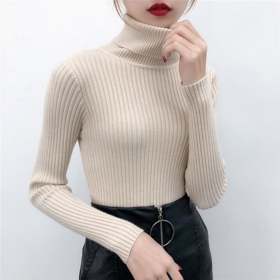 Áo len cổ cao Áo dệt kim dễ phối chui đầu màu trơn tôn dáng mẫu mới mùa thu đông cho nữ áo mặc trong kiểu Tây thời trang