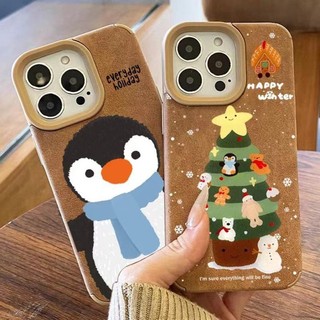 Vỏ Cây Giáng Sinh Dễ Thương Cho OPPO Find X8 5G X8 Pro 5G Reno 13 Pro 11 Pro 9 6 Pro 5G Realme GT7 Pro 5G Màu Nâu Kết Cấu Sang Trọng Vỏ Điện Thoại Hoạt Hình Gấu Chim Cánh Cụt Chống Rơi Bìa Mềm