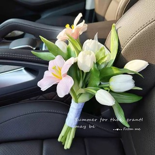 Bó hoa cưới cầm tay cô dâu từ hoa tulip nụ và nở cao su xinh xắn phong cách Hàn Quốc HQ0123