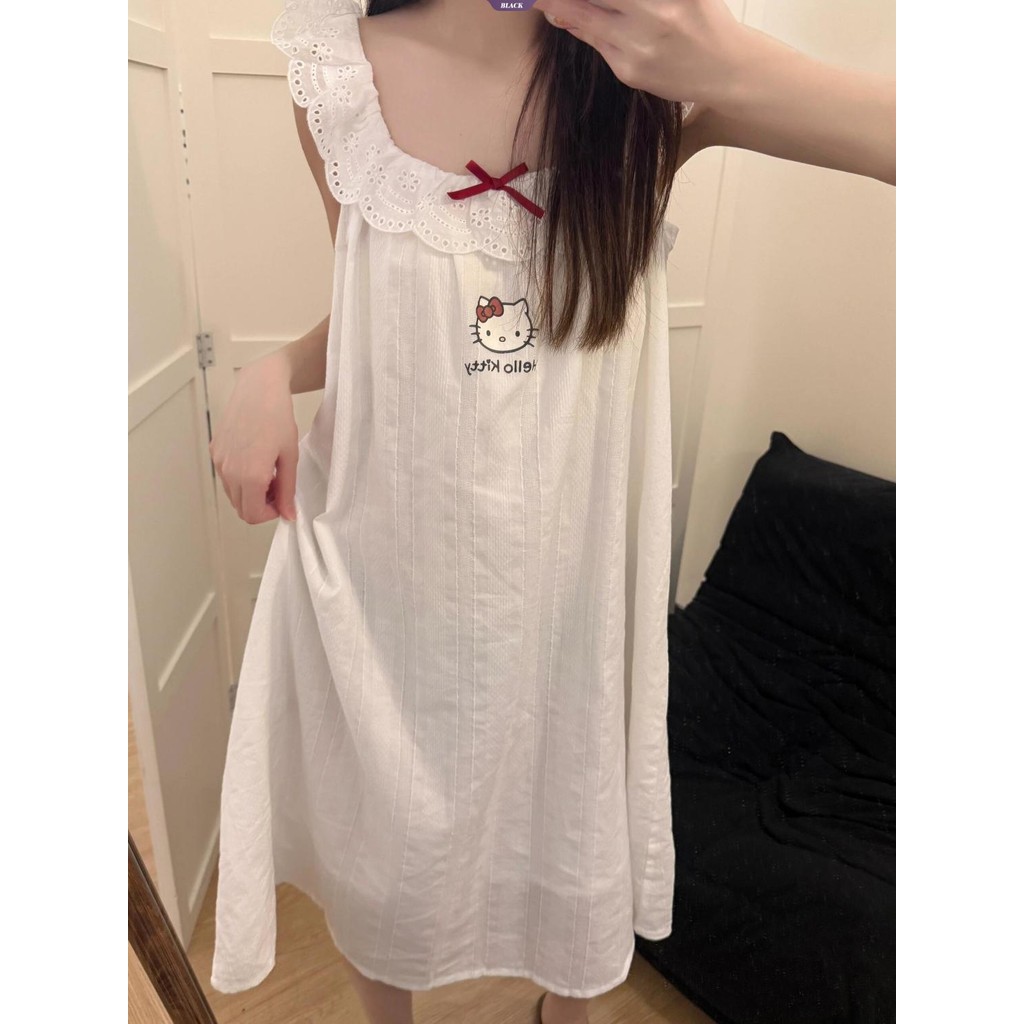 Suspender Ren Hello Kitty Váy Ngủ Nữ Mùa Hè Phong Cách Công Chúa Ký Túc Xá Nơ Ngọt Ngào Mới Quần Áo Nhà [BL]
