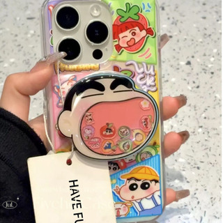 Ins Nhật Bản Phim Hoạt Hình Dễ Thương Apple Crayon Shin-chan Lấp Lánh Vỏ + Lắc Chân Đế Cho iPhone 11 16 16E 15 14 13 12 Pro Xs Max XR X 7 8 6 Plus SE Vỏ Điện Thoại Mềm Bling Case Vỏ Trong Suốt
