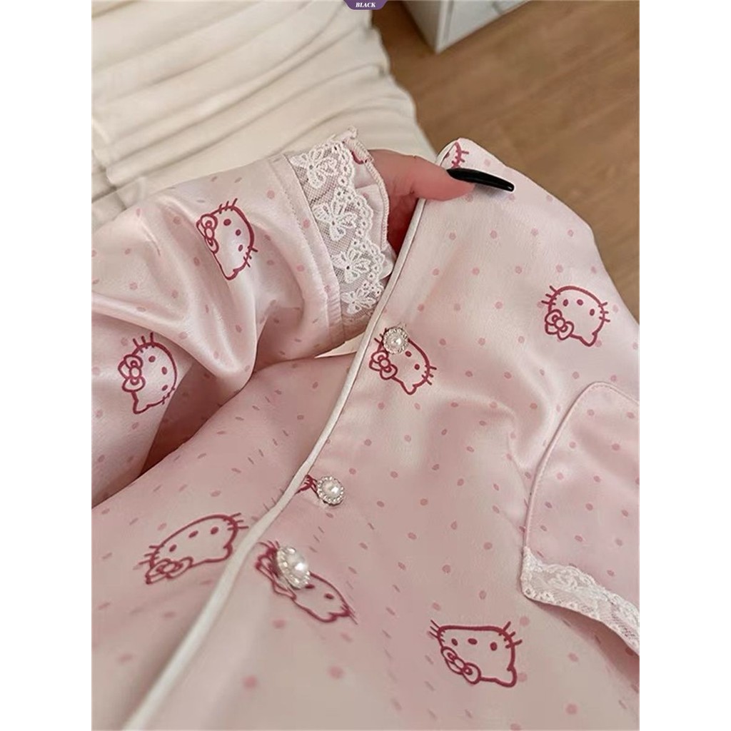 Bộ đồ ngủ ren chấm bi ngọt ngào Hello Kitty dành cho nữ Xuân hè Bộ đồ dài tay mới [BL]
