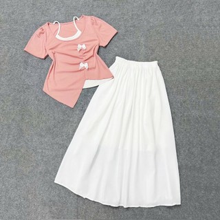 Set bigsize 2 món áo thun lớp trong đính nơ phối chân váy xòe dáng dài cho nàng cgupy xinh xắn SET(A278+CV15)