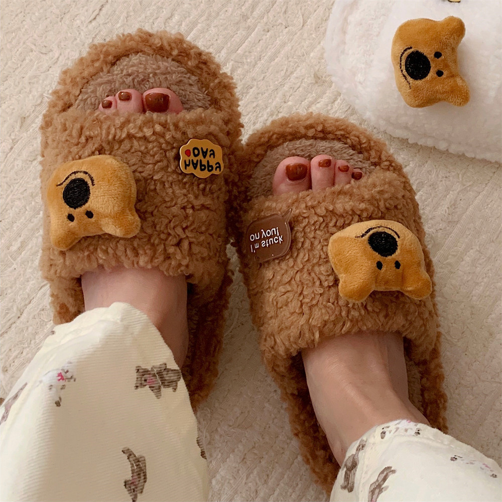 XIXITIAO Dép Giữ Ấm Đầu Gấu Lông Nữ Đế Dày Nhà Thoải Mái