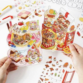 ENWEI 3 Cái [Mở hôm nay 12.0 Series] Nhãn dán phong cảnh chủ đề thực phẩm 3D Chất liệu chống nước Phong cách hoạt hình Sổ lưu niệm Tạp chí Người lập kế hoạch Trang trí Nhãn dán văn phòng phẩm
