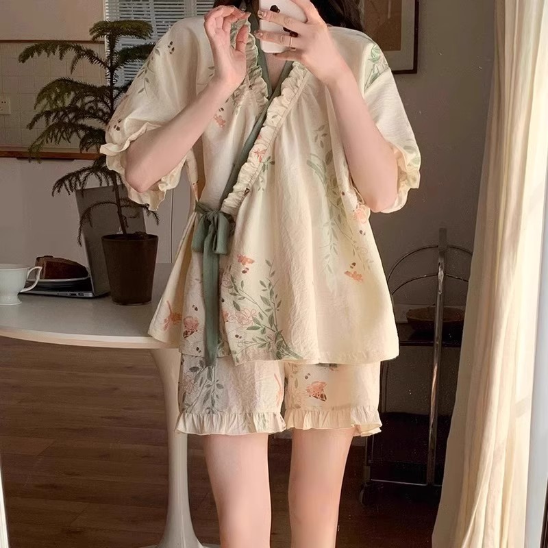 Phong Cách Mới Mùa Hè Mới Phong Cách Trung Hoa Phối Ren Quần Short Tay Ngắn Bộ Đồ Ngủ Nữ Mỏng Phong Cách Có Thể Mặc Bên Ngoài Tươi Cổ Rhyme Phong Cách Trung Hoa Quần Áo Gia Đình