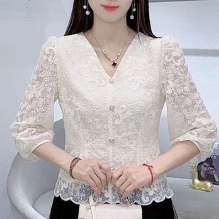 Phong Cách Hàn Quốc Nữ Ôm Eo Ren Thêu 3 / 4 Áo Sơ Mi Tay Áo