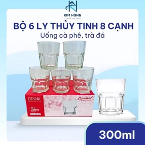 Bộ 6 Ly Thủy Tinh 8 Cạnh Cao Cấp PCD22001, Dung Tích 295ml – Ly Uống Cà Phê, Trà Đá