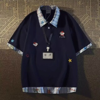 GKSSS Mới Áo Sơ Mi POLO Tay Ngắn Thời Trang Họa Tiết Chó Con Nối Giả Hai Mảnh Thời Trang Trung Lập Phong Cách