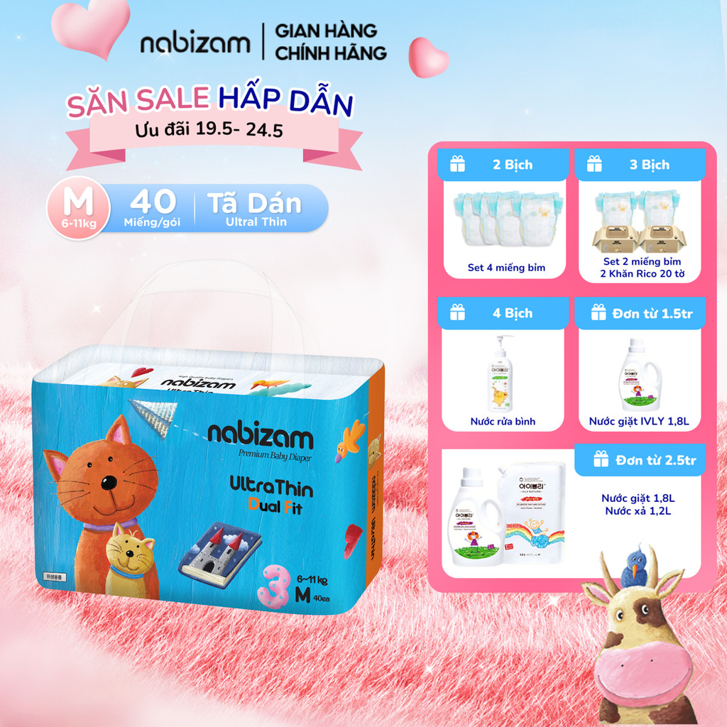 Ảnh Tã/Bỉm Dán NABIZAM UltraThin Nội Địa Hàn Cao Cấp, Mỏng và Thấm Hút Tối Ưu Size M Cho Bé 6-11kg, 40 Miếng/Bịch 1