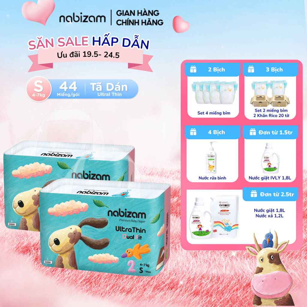 Ảnh Combo 2 Bịch Bỉm Dán NABIZAM UltraThin Nội Địa Hàn 3 Lớp Siêu Mỏng Size S Cho Bé Từ 4-7kg, 44 Miếng/Bịch 1