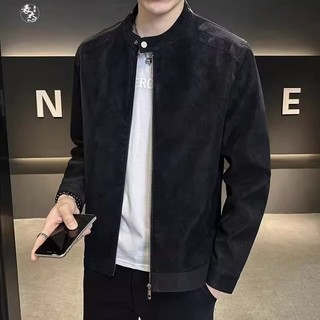 Dichuangzhe Áo khoác nam da lộn cổ đứng xe máy màu trơn hàng đầu đơn giản