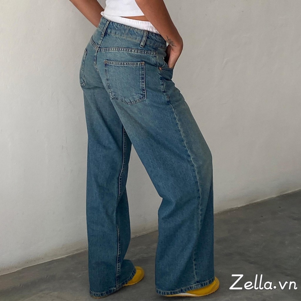 Quần Denim mùa xuân mùa hè dành cho nữ Quần ống rộng eo thấp có nhiều túi