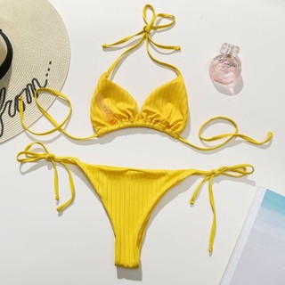 Đồ Bơi Nữ Màu Trơn Đan Dệt Sọc Dây Hai Mảnh Bikini Đồ Bơi