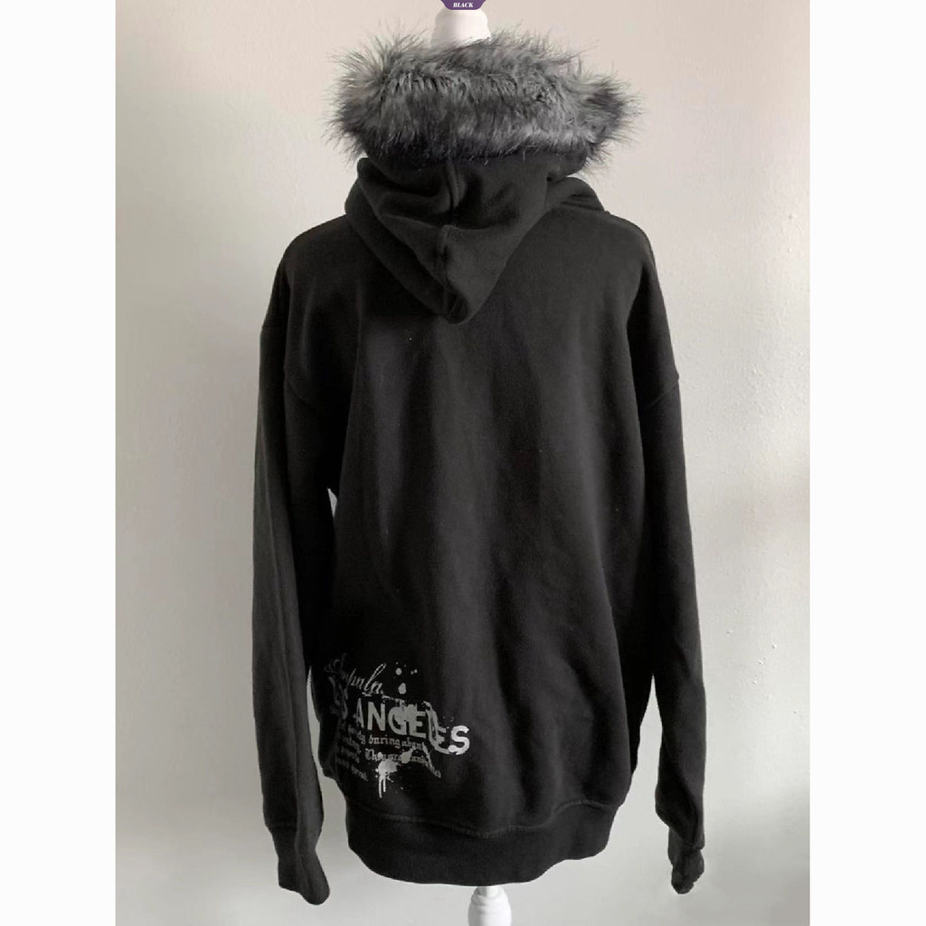 Mỹ Retro Đen Có Mũ Trùm Đầu Nữ Chữ Cái Mùa Thu Đông Đệm Zip Áo Cardigan Mới Áo Khoác Cổ Lông [BL]