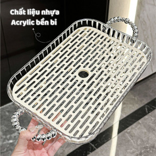 Khay Trà 2 Lớp Vân Kim Cương Trong Suốt ECO, Khay Úp Ly Cốc Để Bàn Tay Cầm Ngọc Trai Sang Trọng