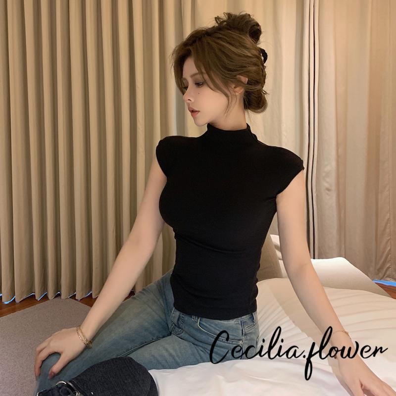Áo Crop top co giãn dành cho nữ Slim màu trơn Mock cổ cong viền áo sơ mi không tay cho mùa hè
