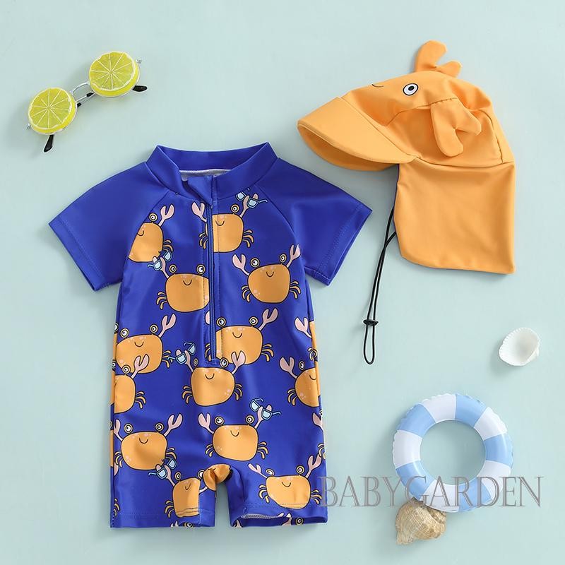 / / -3 Tuổi Bé Trai Rash Guard Đồ Bơi Một Mảnh Có Mũ Bơi In Hình Cua Tay Ngắn Mock Cổ Zip Bộ Đồ Tắm
