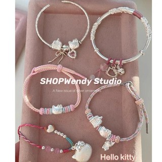 Hellokitty Sterling Bạc bện hồng dịu dàng Vòng tay trái tim cô gái
