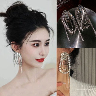 1 Đôi Bông tai kim cương đính tua rua hình bầu dục rỗng cô dâu với thiết kế nhẹ nhàng sang trọng và thích hợp, bông tai dài