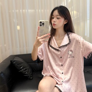 Polo Dot hellokitty Bộ Đồ Ngủ Mèo Nữ Mùa Hè Phong Cách Mới Ren Tay Ngắn Sinh Viên Nhật Bản Nhà Quần Áo Phù Hợp Với Mặc Ngoài