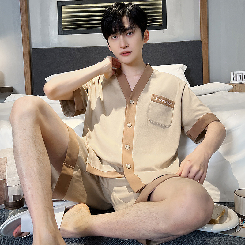 Bộ đồ ngủ nam Cotton nguyên chất Bộ đồ ngắn tay 2024 Áo len Cardigan thông thường mới