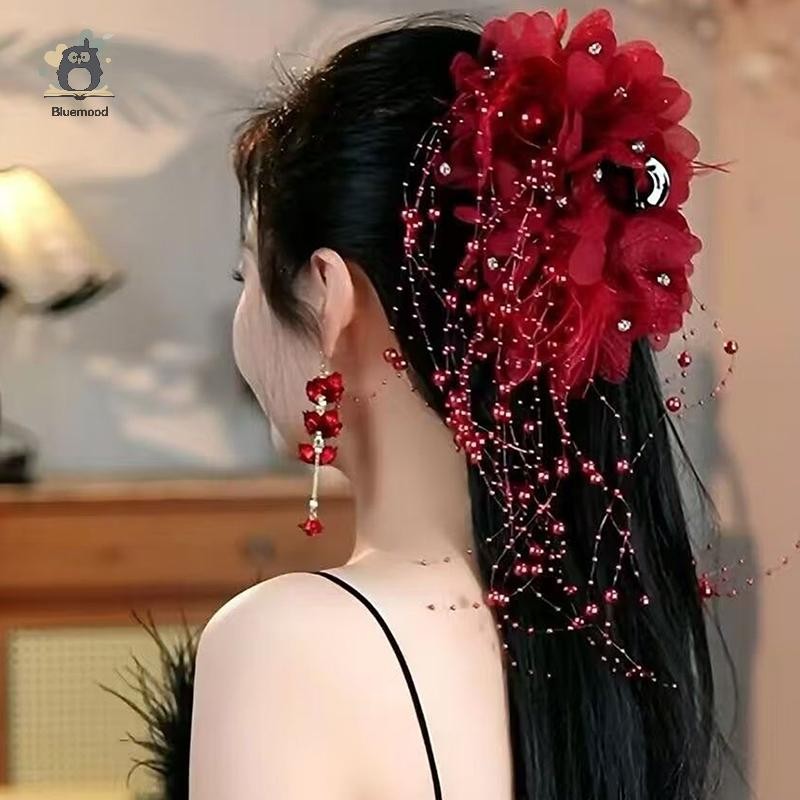[Bluemood] Phụ Nữ Lưới Hoa Ngọc Trai Dây Kẹp Tóc Nữ Lông Tơ Vuốt Tóc Phụ Kiện Tóc Mũ Đội Đầu Mới