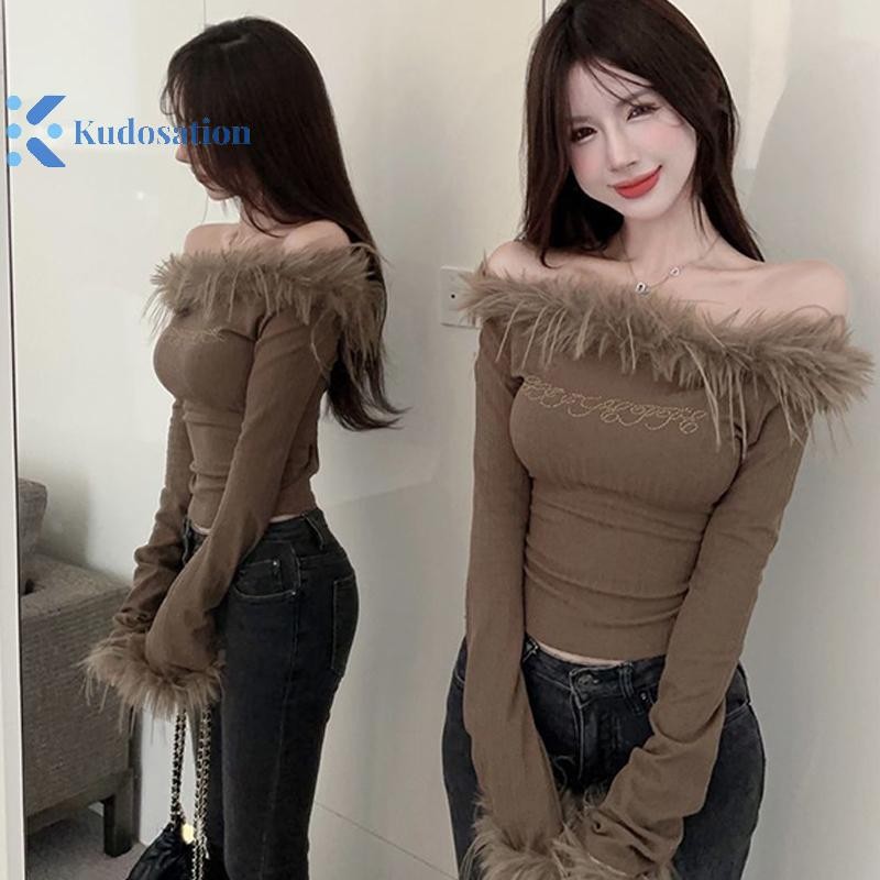 Kudosation Nữ Crop Top Gợi Cảm Tinh Khiết Khát Vọng Lông Thú Cổ Áo Thun Dài Tay Mỏng Đẹp