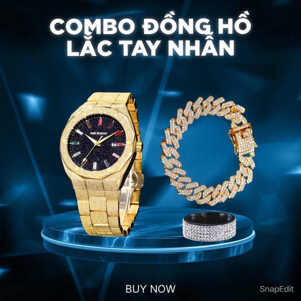 (TẶNG NHẪN) Combo đồng hồ và lắc tay tặng kèm nhẫn đính đá mã Q3 gold