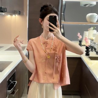 Mới Phong Cách Trung Hoa Phong Cách Trung Hoa In Hình Tinh Tế Nút Đứng Cổ Áo Sơ Mi Tay Ngắn Nữ 2024 Retro Thời Trang Top 24.12.30