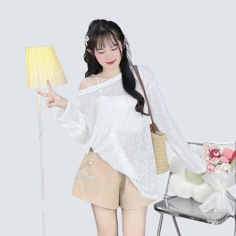 Set áo trễ vai lưới tay dài form rộng kèm áo hai dây trong- A368 Nữ Top Women Voi Kem Thun Voan Jean Sơ Mi