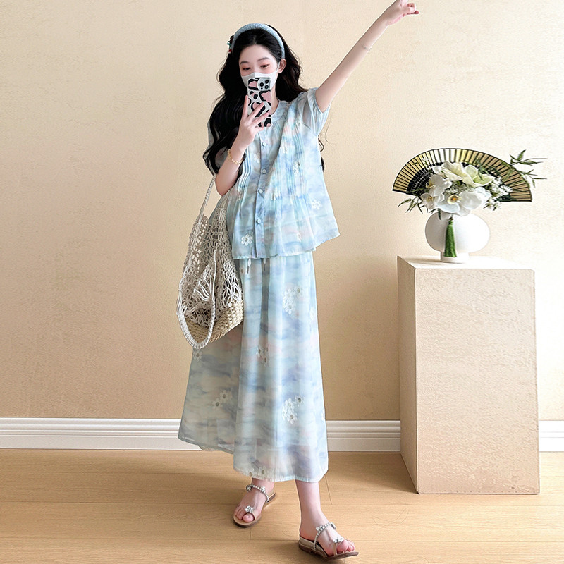 Bộ đồ bà bầu Mùa hè Áo sơ mi hoa phong cách mới + Váy Bộ đồ hai mảnh