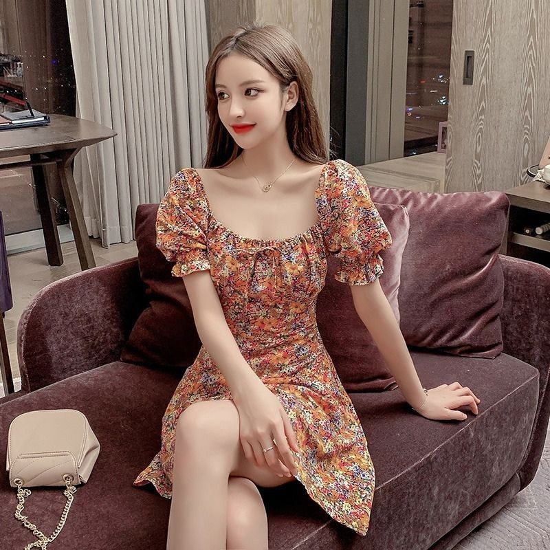 Váy hoa cho phụ nữ mùa hè, váy cổ vuông tay phồng mới